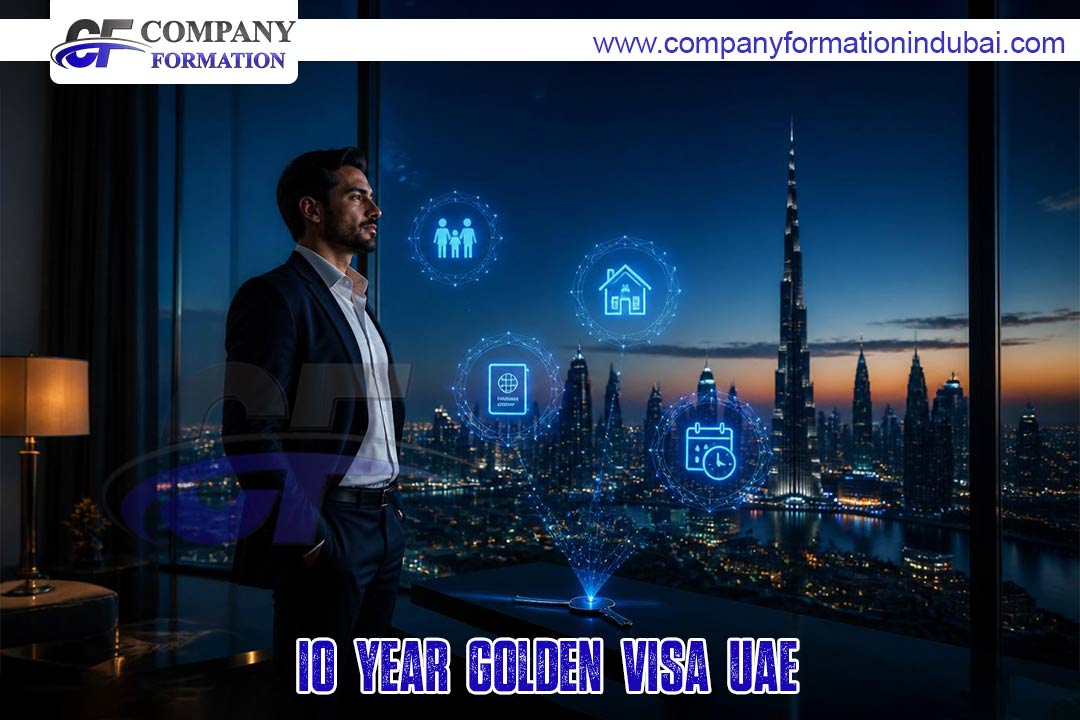 Businessman in a suit looking out over Dubai's skyline with blue holographic icons; caption reads '10 Year Golden Visa UAE'.