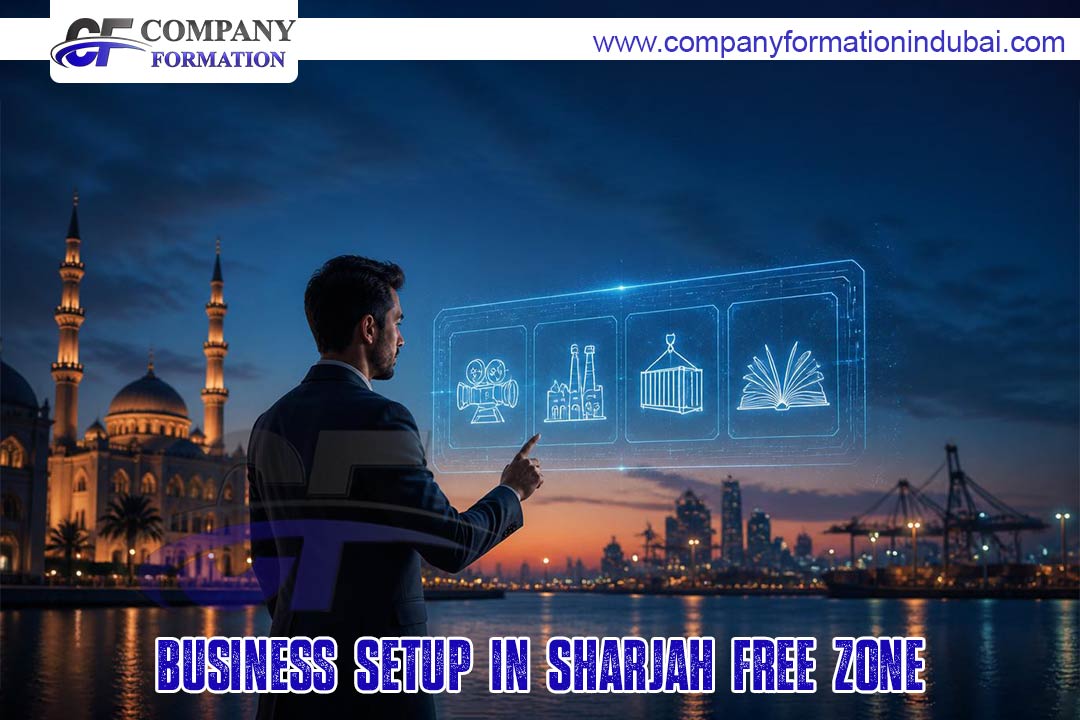 Businessman in a suit gestures at a glowing holographic panel with icons for industry, shipping, and education over a Sharjah waterfront at dusk; banner reads 'Business Setup in Sharjah Free Zone'.