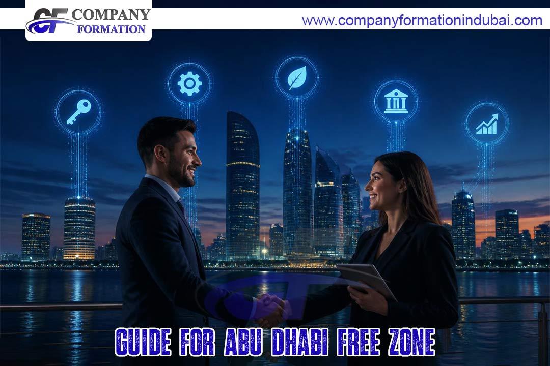 Two professionals shake hands by a waterfront city skyline at dusk, with glowing circular icons above and the caption 'Guide for Abu Dhabi Free Zone'.