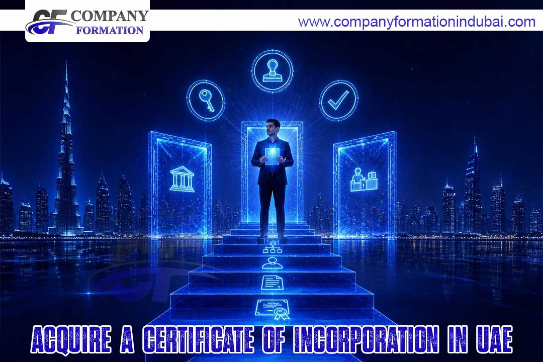 Businessperson stands on glowing blue steps in a futuristic digital scene promoting a UAE certificate of incorporation.