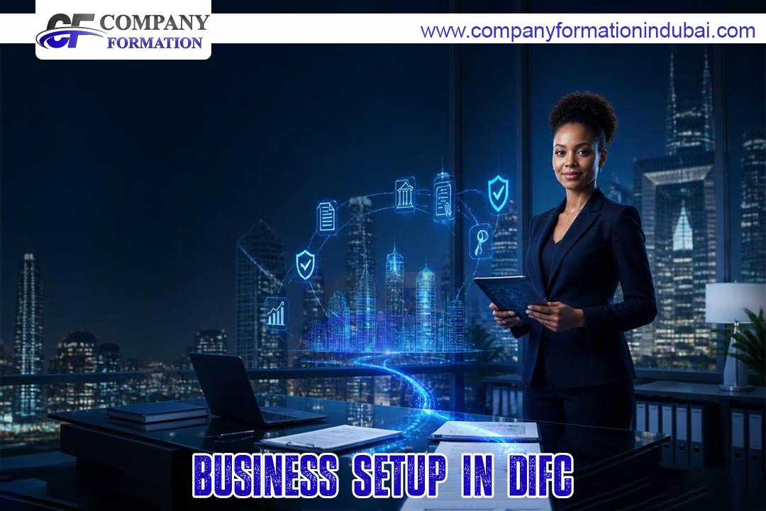 Professional woman in a dark blazer stands at a glass desk with a laptop and documents, illuminated by blue holographic city and data icons behind her.