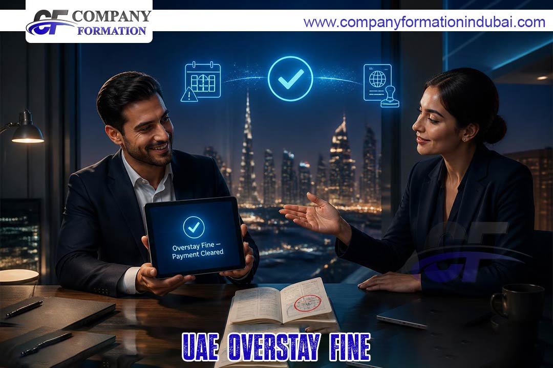 Two businesspeople at a desk, tablet showing 'Overstay Fine - Payment Cleared' with a city skyline in the background (nighttime).