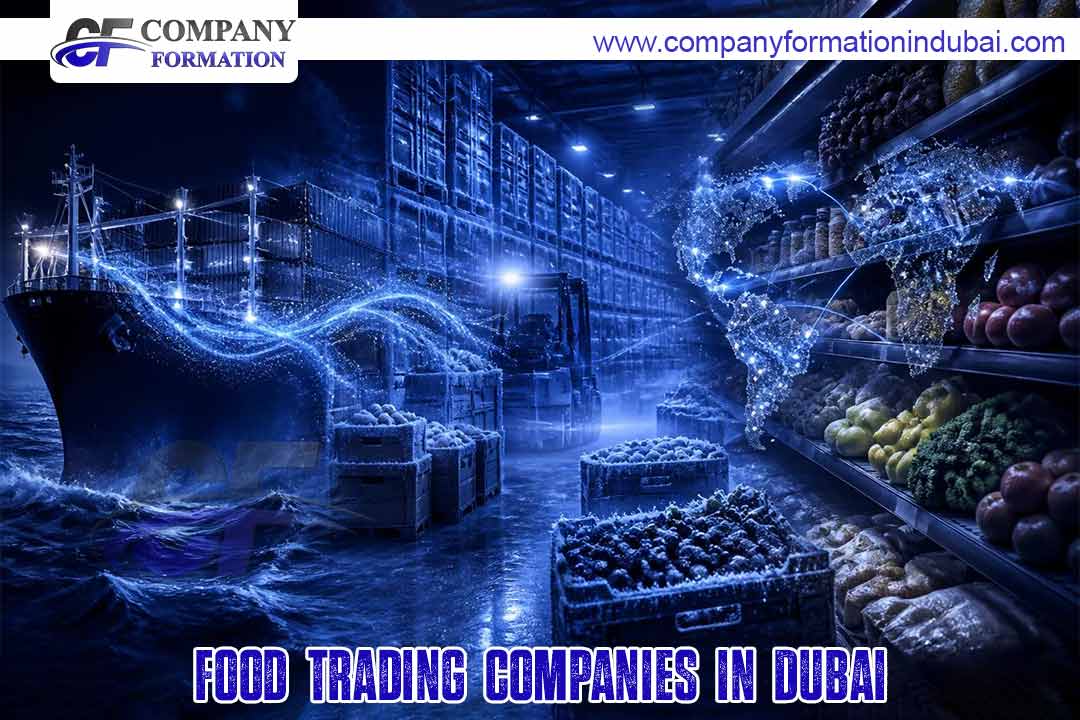 Blue-toned warehouse and port scene with a cargo ship, stacked crates, and grocery shelves; overlay caption reads 'FOOD TRADING COMPANIES IN DUBAI'.