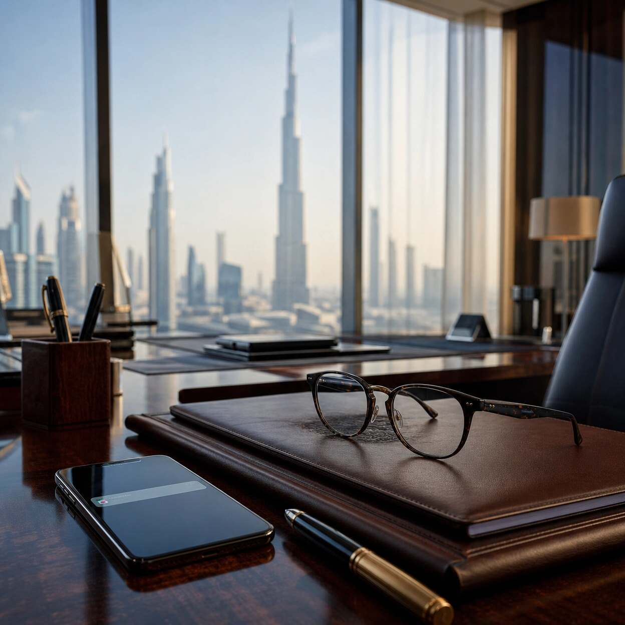 Executive desk with a brown leather notebook, glasses, fountain pen, and a smartphone, overlooking a city skyline through large windows.