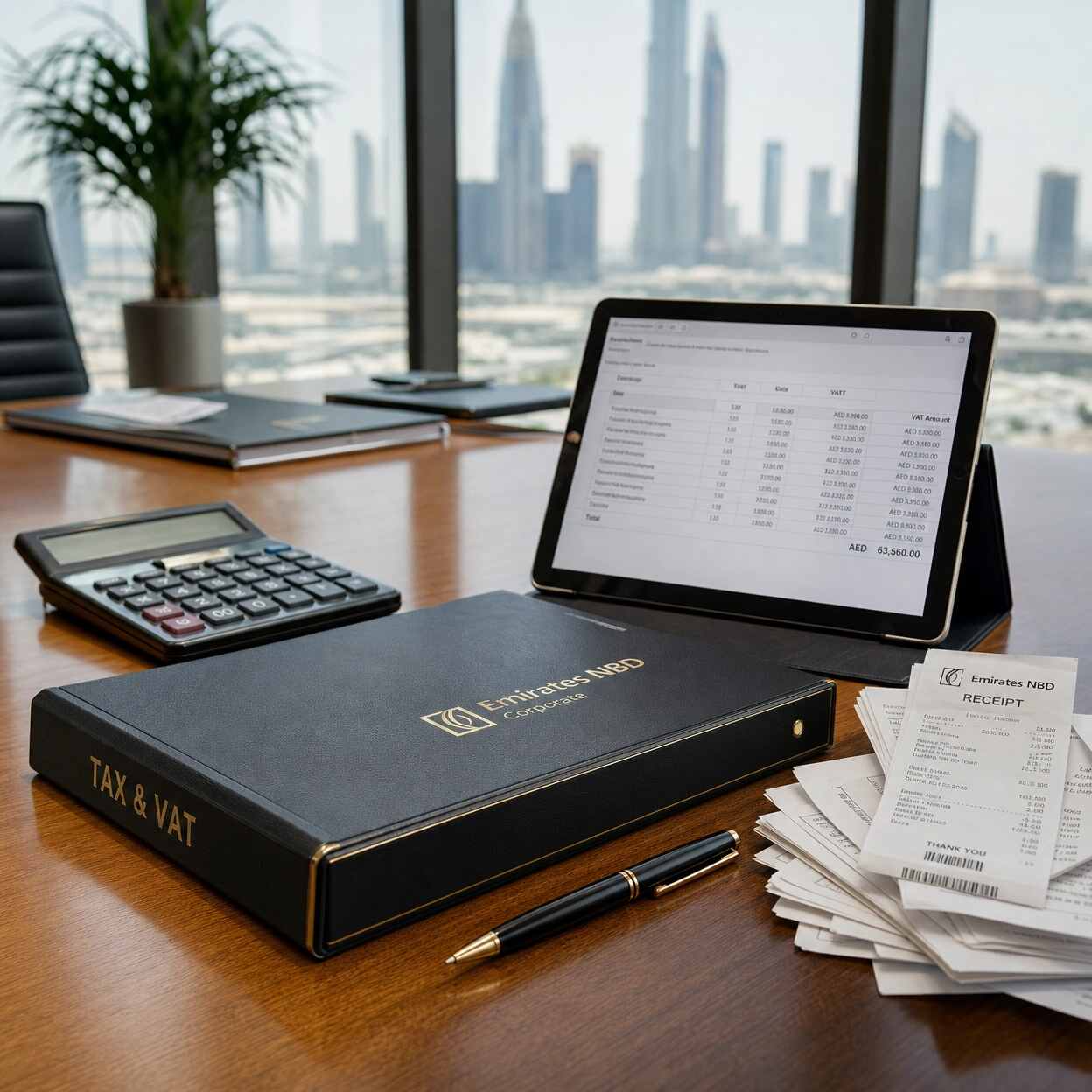 Office desk with a VAT binder, receipts, calculator, and a tablet showing a financial spreadsheet.